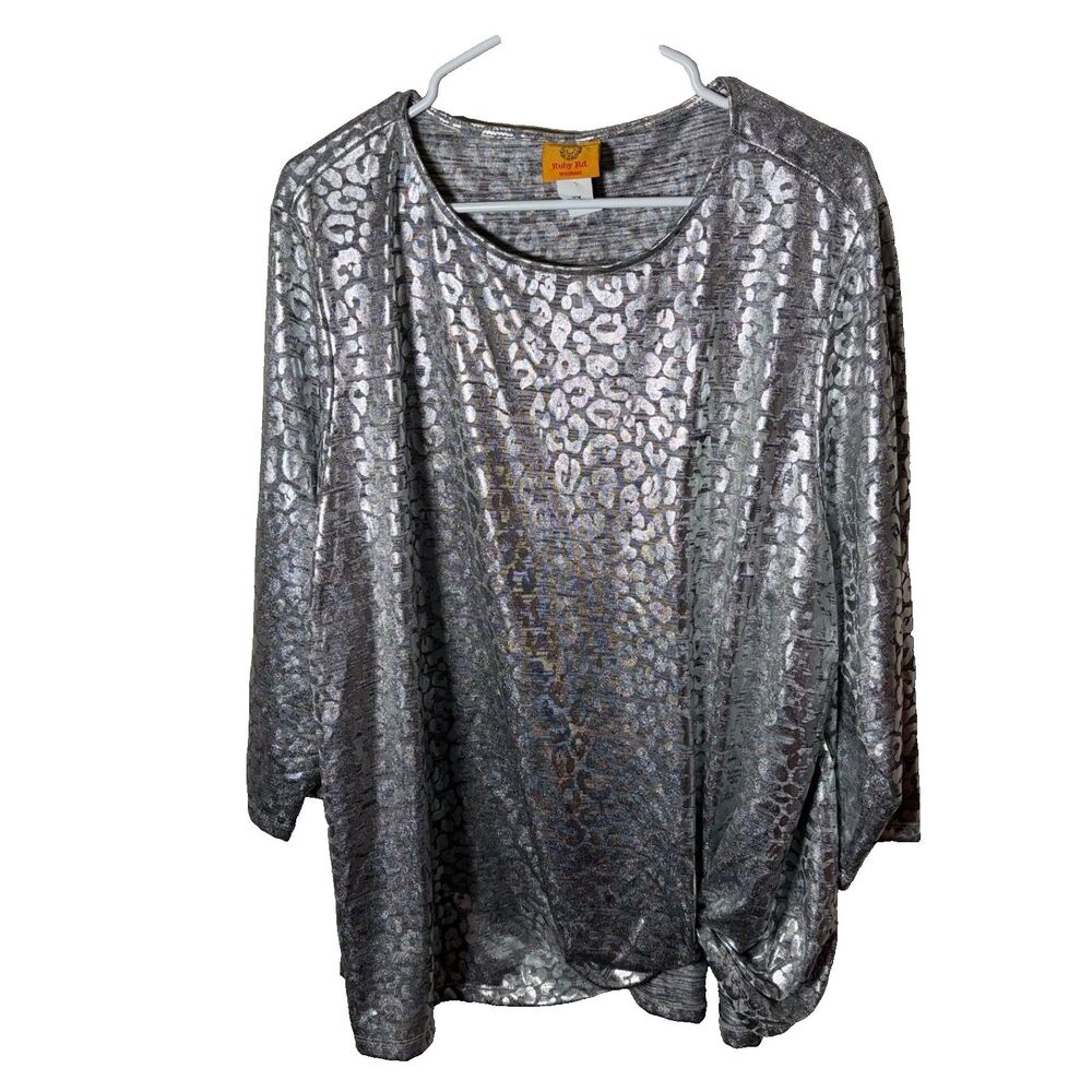 Ruby Rd Blouse Women's 2X Gray Metallic Cheetah 3/4 Sleeve Twist Shirt Top